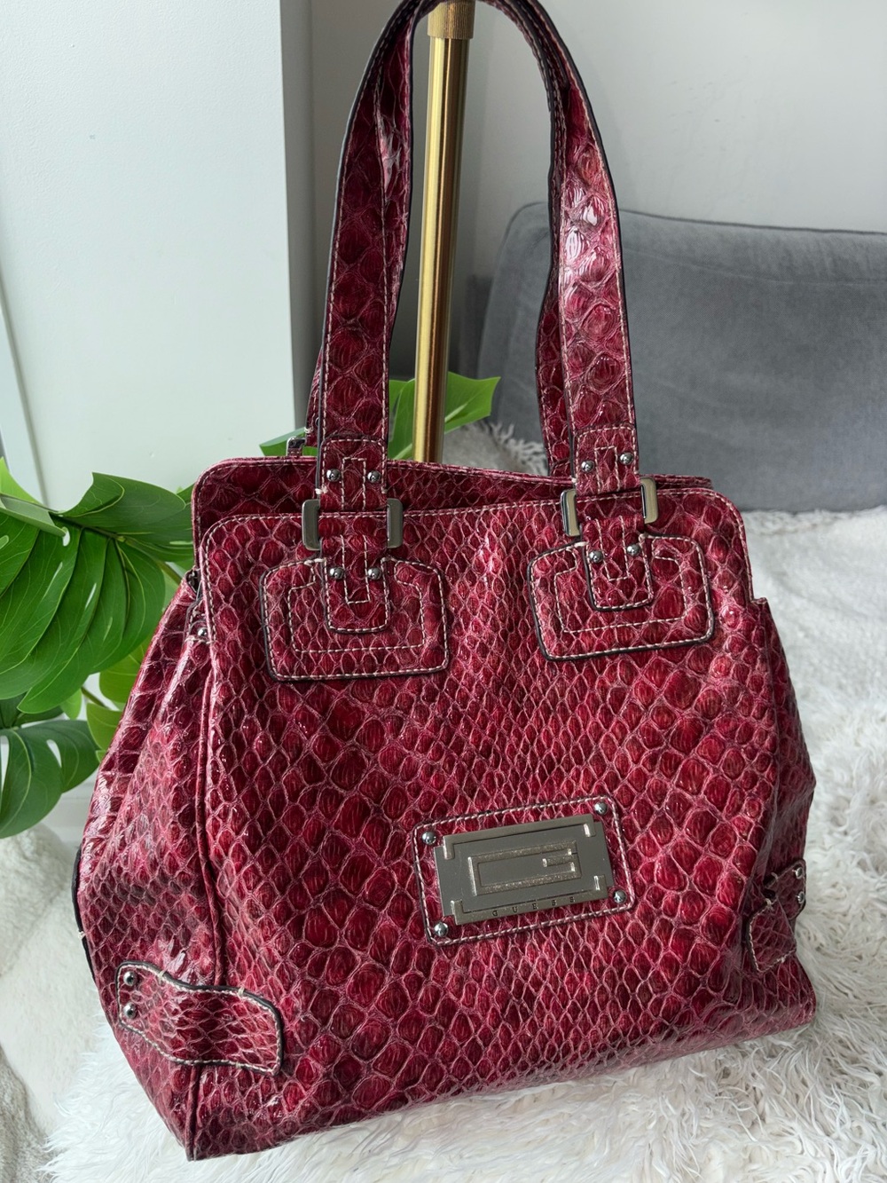 Vintage Y2K GUESS Burgundy Croc Embossed Large Satchel Shoulder Bag McBling Era